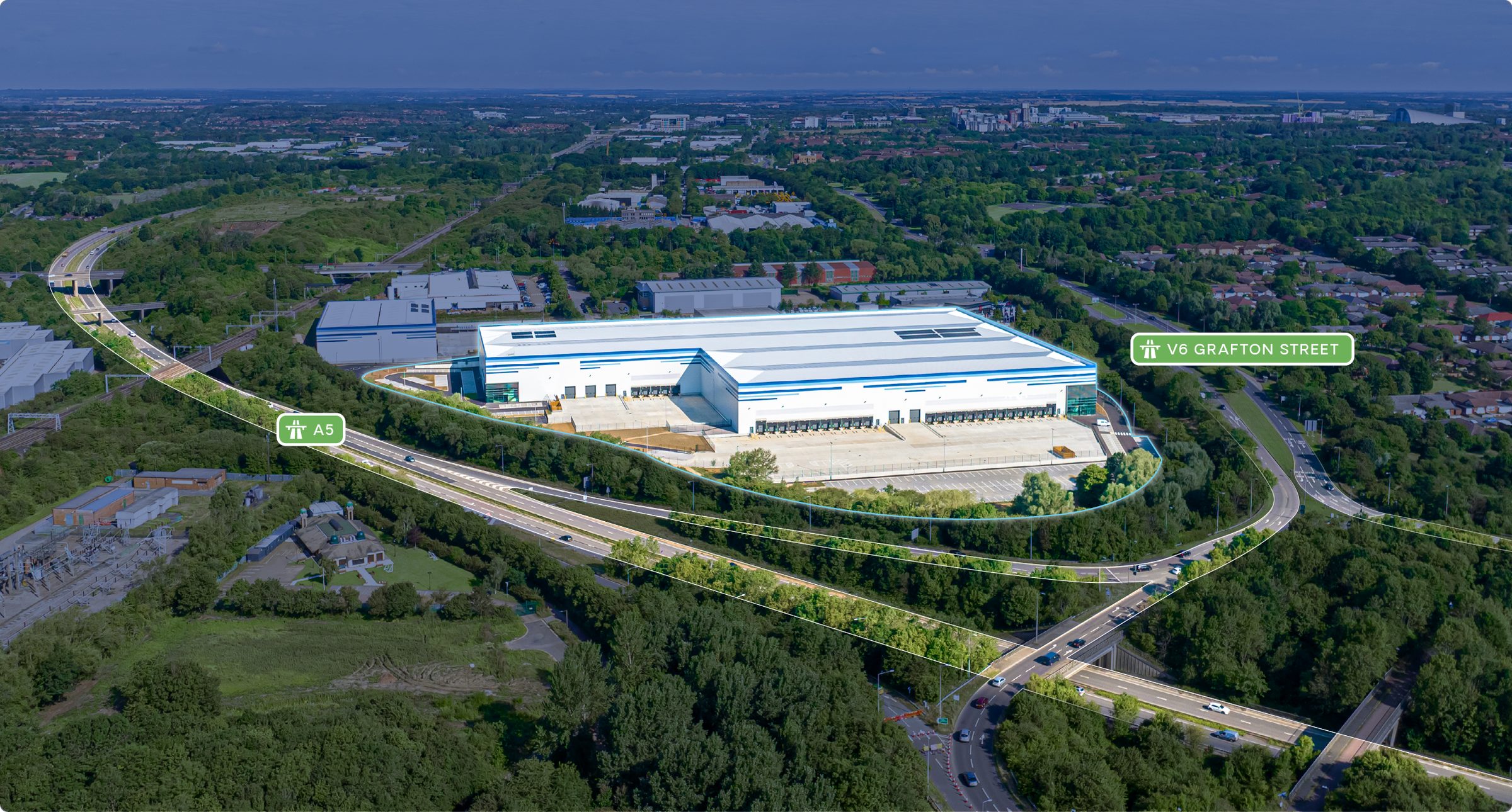 Aerial view of Core Milton Keynes between the A5 and V6 Grafton Street